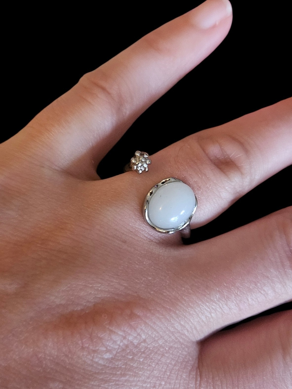 Silver Open Ring with White Cabochon